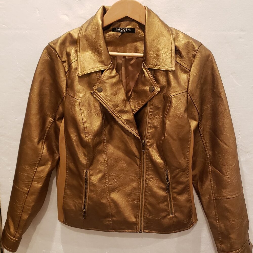 Baccini Bronze Gold Faux Leather Moto Biker Jacket Womens Large - Picture 4 of 10